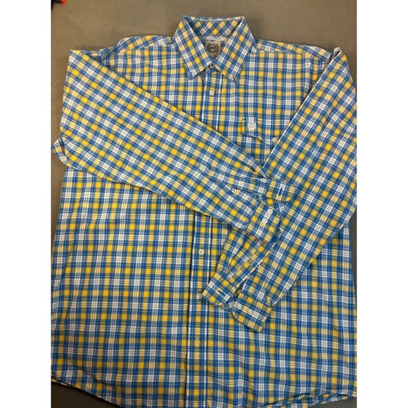 Cinch Other - Cinch Mens Medium Button Down Shirt Cotton Blue Yellow Plaid Long Sleeve Pocket